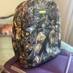 Adrienne Vittadini Paintbrush Peacock Patterned Backpack with Gold Accents